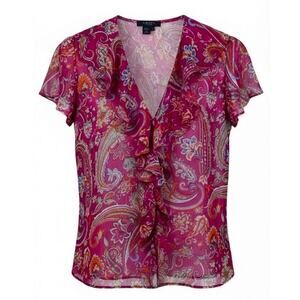 Chaps Blouse Pink Paisley Floral Sheer Ruffle Button Flutter Sleeve Size 4 VTG